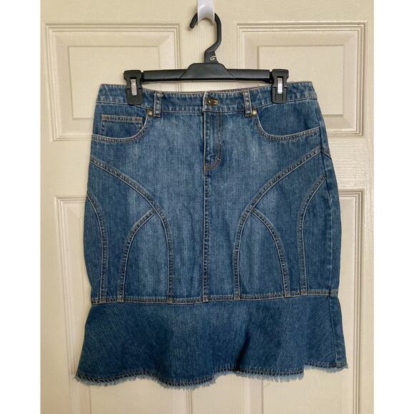 VTG 90s Phoebe Buffay Denim Skirt Ruffle Bottom Raw Hem Size 8 *See Details - Picture 1 of 9